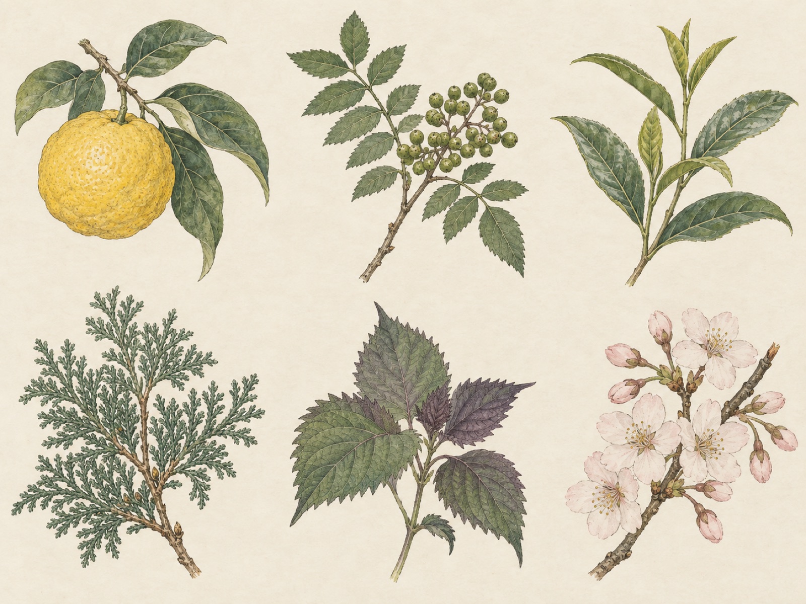 柚子の実、山椒の実、緑茶の葉、檜の小枝、紫蘇の葉、桜の花を2段3列に並べた図譜風のイメージ