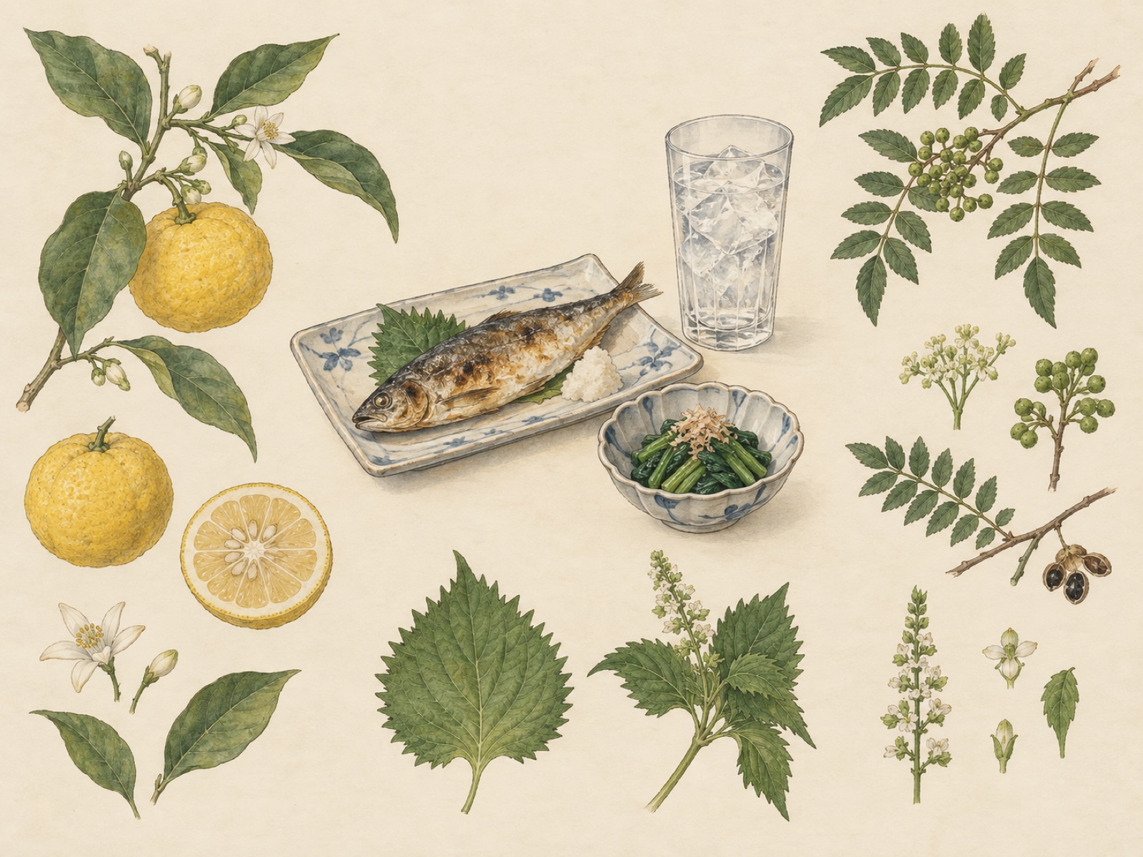 和食の器に盛った焼き魚と青菜のおひたし、氷を入れたタンブラー、柚子と山椒と青紫蘇を部位ごとに描いた図譜風のイメージ