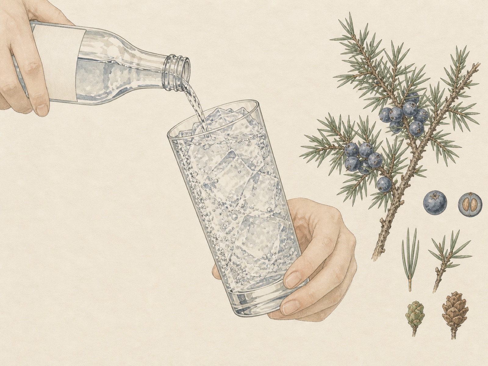 氷を口まで詰めた背の高いタンブラーに、瓶から炭酸水を注いでいる手元を描いた図譜風のイメージ